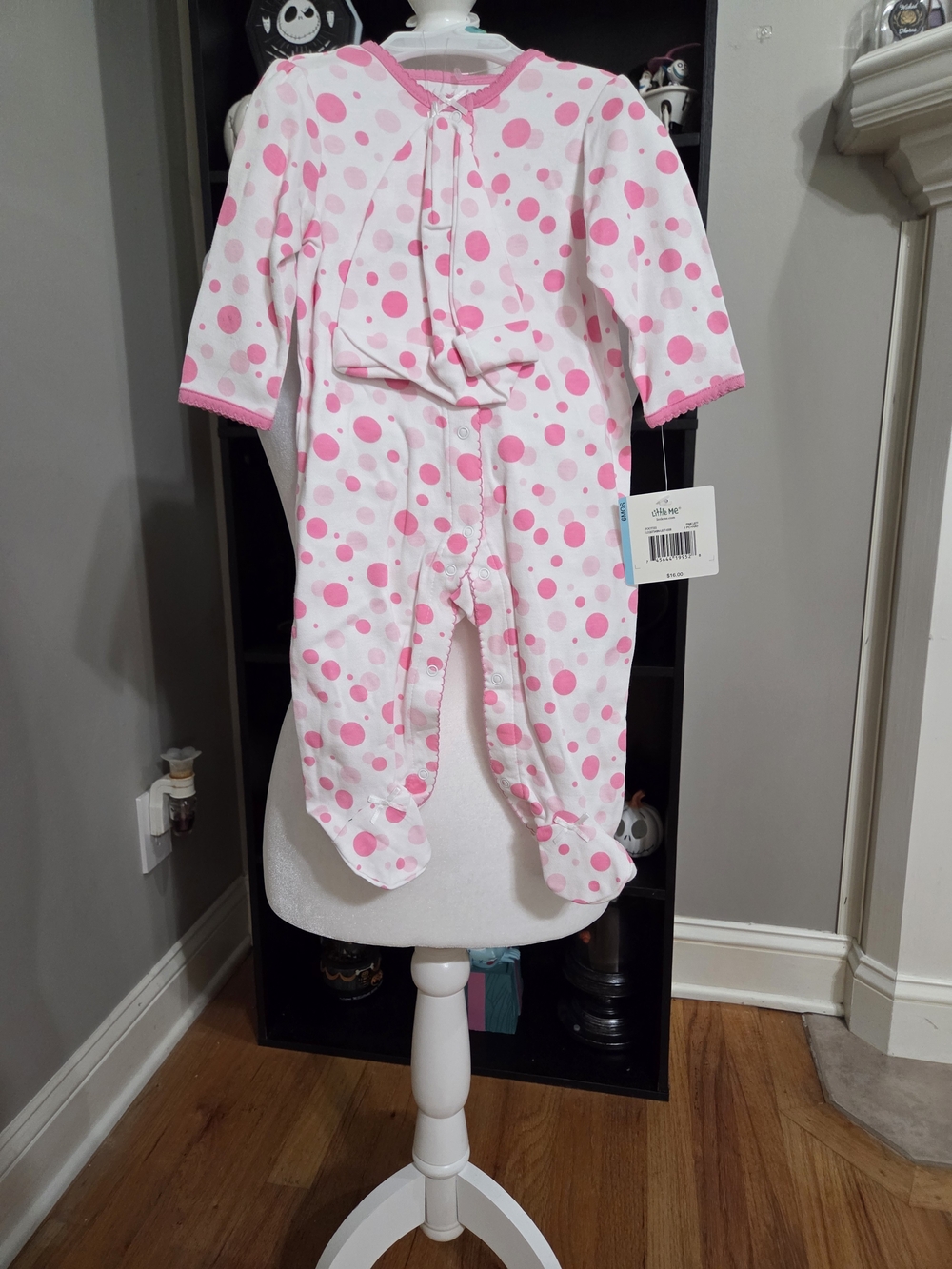 Little Me White Footed One-Piece with Pink Polka Dots Matching Hat